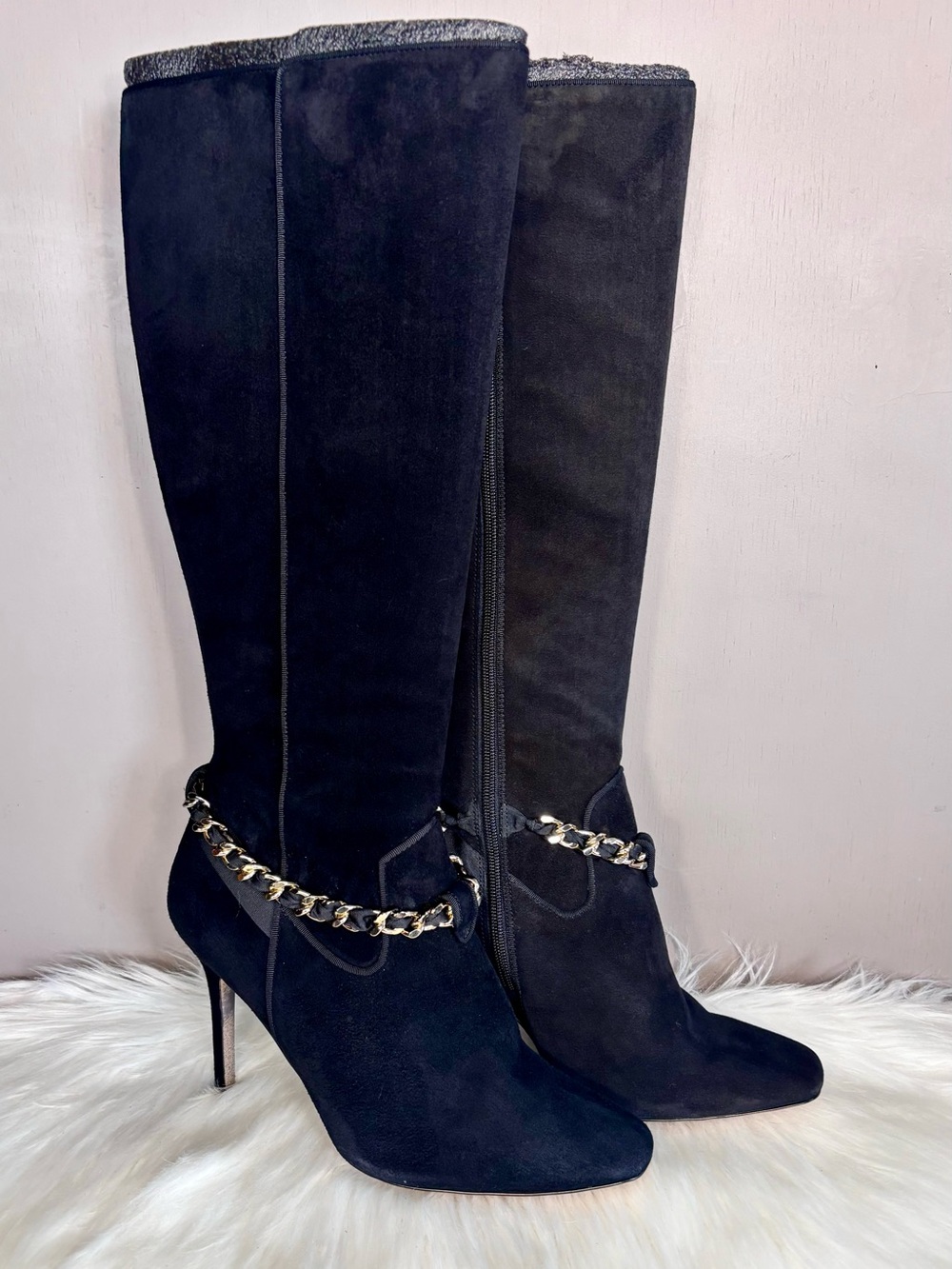 KARL LAGERFELD Suede Boots w/Gold Chain Trim